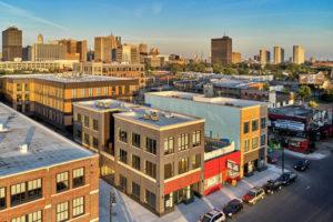 Aerial shot of 2120 Trumbull and 2100 Trumbull along Trumbull Ave